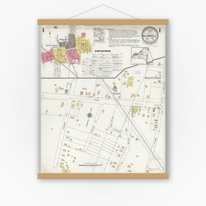 Old map wall art mockup — magnetic wood frame on white wall — Sanborn Fire Insurance Map from Williamsville, Erie County, New York (1923), Sheet #0001