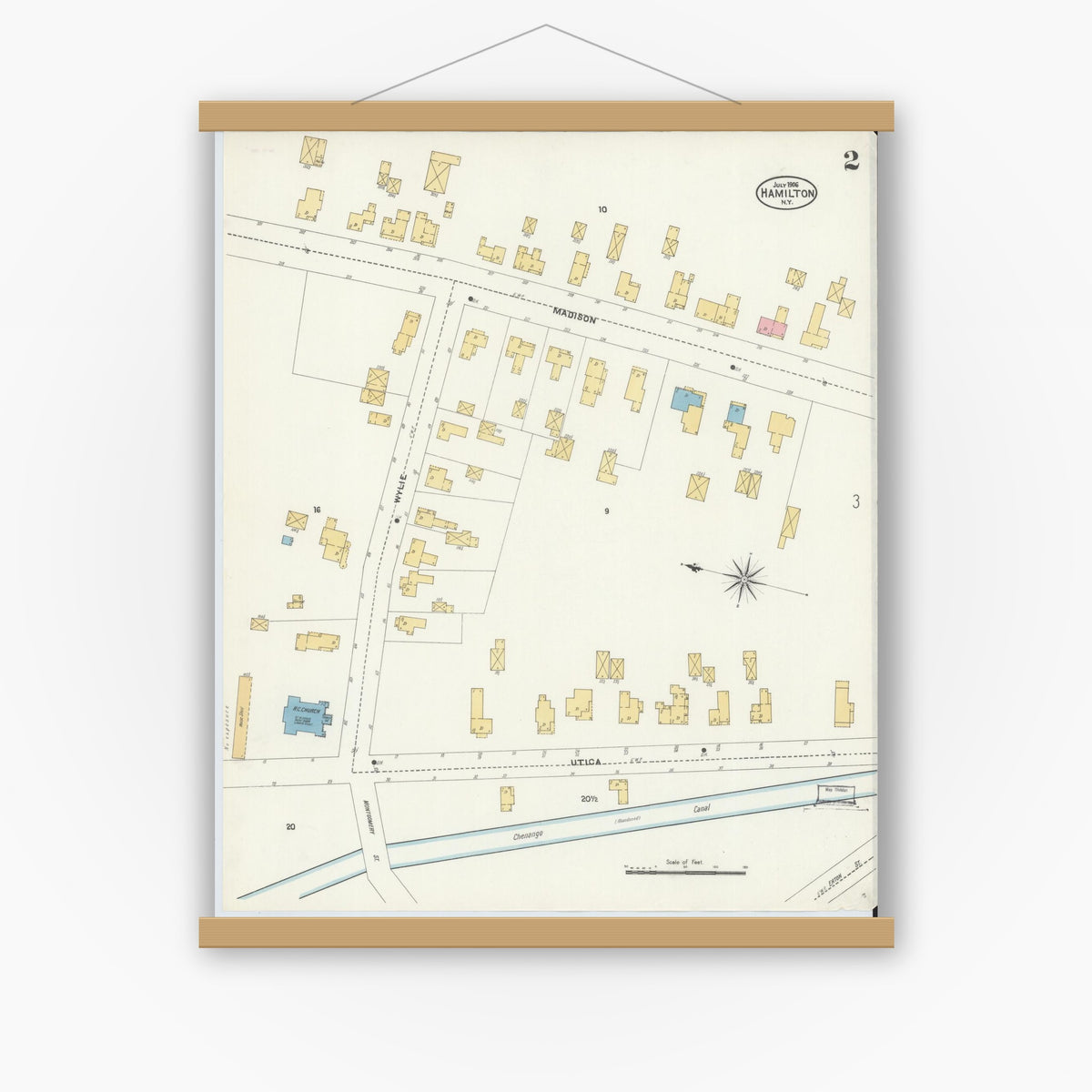Old map wall art mockup — magnetic wood frame on white wall — Sanborn Fire Insurance Map from Hamilton, Madison County, New York (1906), Sheet #0002