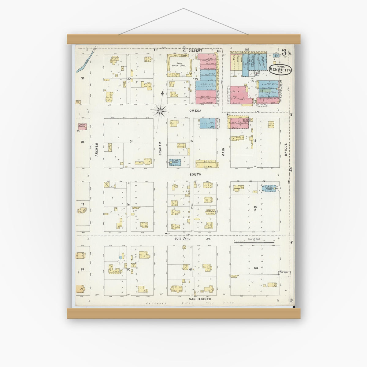 Old map wall art mockup — magnetic wood frame on white wall — Sanborn Fire Insurance Map from Henrietta, Clay County, Texas (1896), Sheet #0003