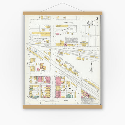 Old map wall art mockup — magnetic wood frame on white wall — Sanborn Fire Insurance Map from Wells, Faribault County, Minnesota (1900), Sheet #0003