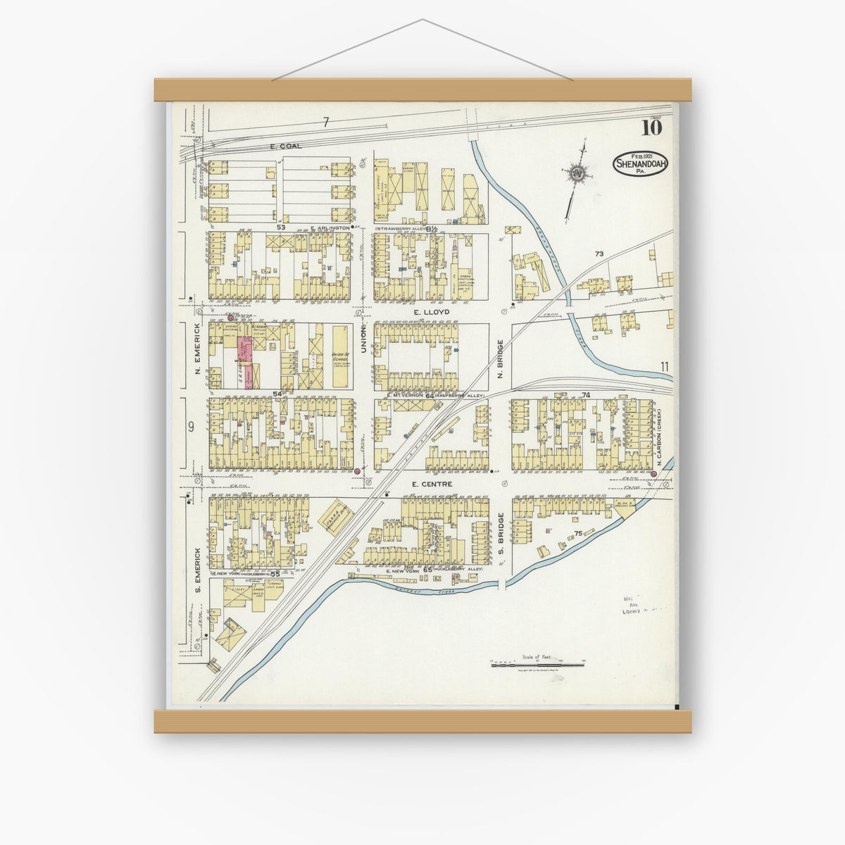Old map wall art mockup — magnetic wood frame on white wall — Sanborn Fire Insurance Map from Shenandoah, Schuylkill County, Pennsylvania (1921), Sheet #0010