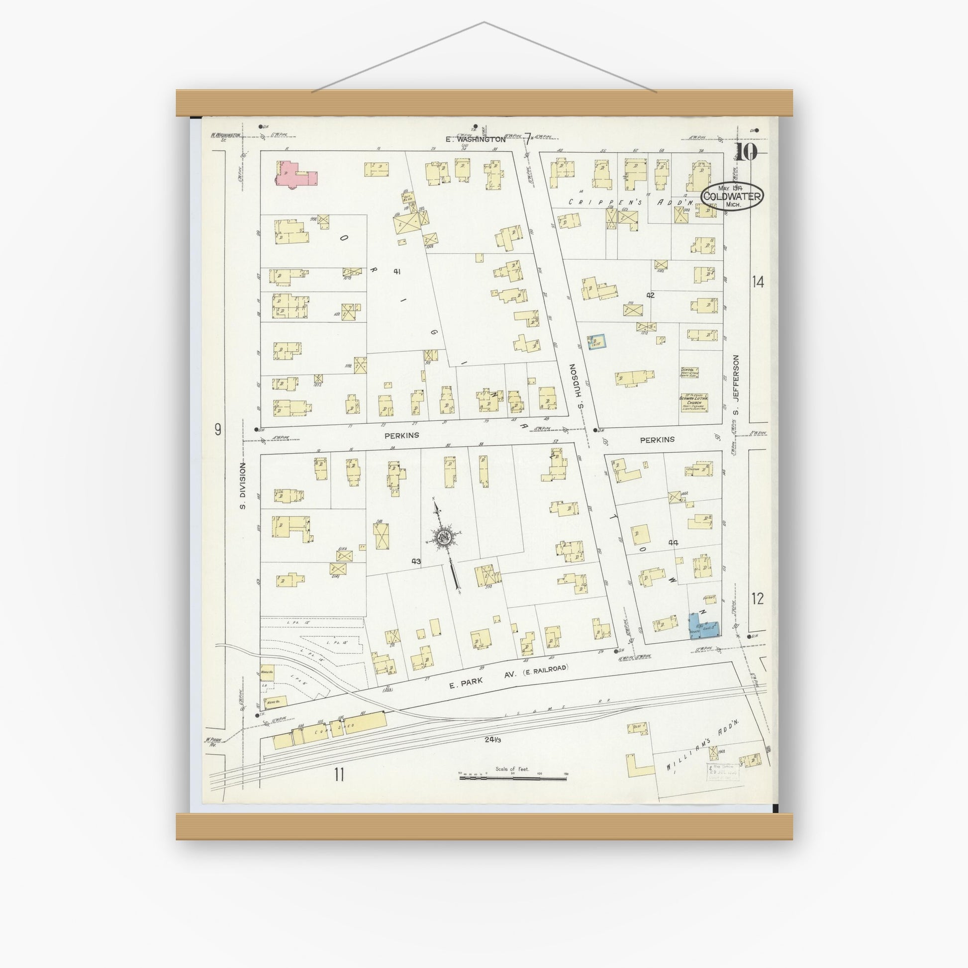 Old map wall art mockup — magnetic wood frame on white wall — Sanborn Fire Insurance Map from Coldwater, Branch County, Michigan (1914), Sheet #0010