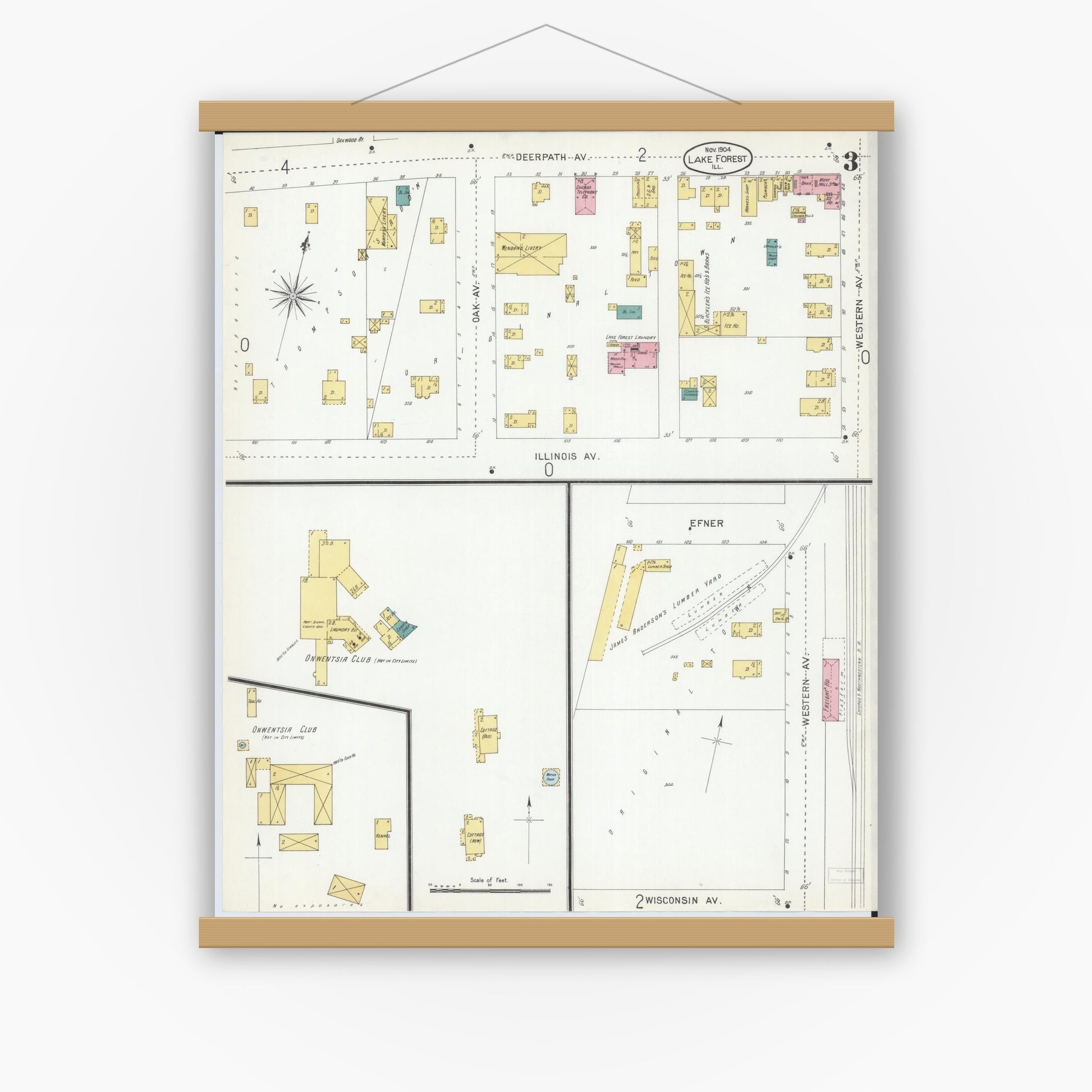 Old map wall art mockup — magnetic wood frame on white wall — Sanborn Fire Insurance Map from Lake Forest, Lake County, Illinois (1904), Sheet #0003