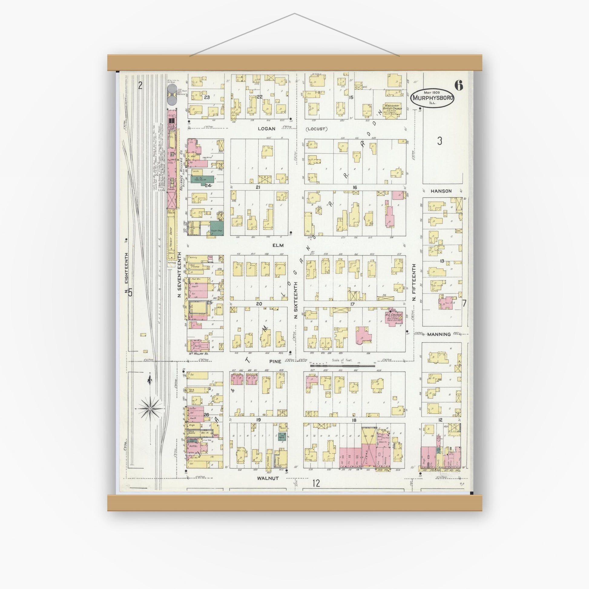 Old map wall art mockup — magnetic wood frame on white wall — Sanborn Fire Insurance Map from Murphysboro, Jackson County, Illinois (1909), Sheet #0006