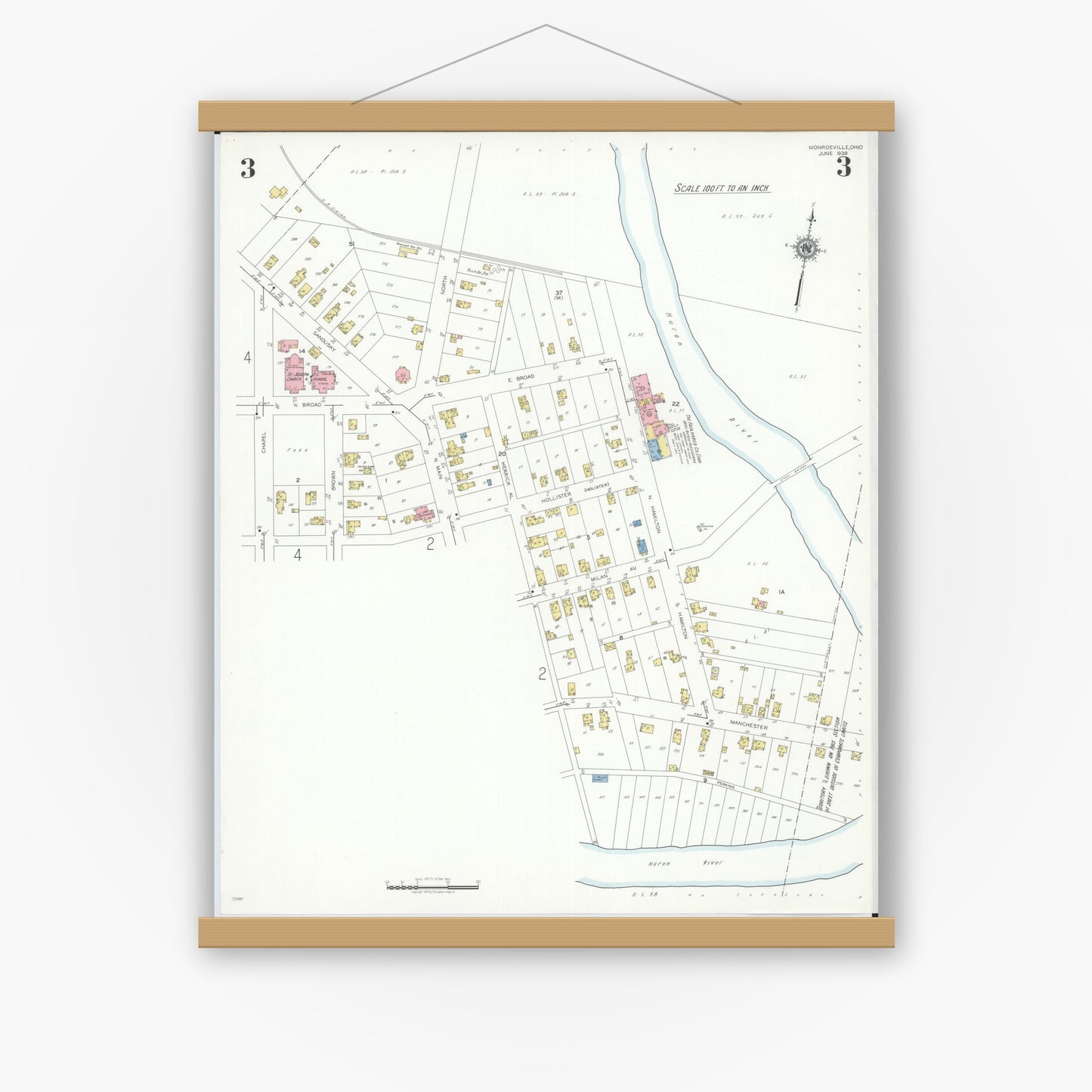 Old map wall art mockup — magnetic wood frame on white wall — Sanborn Fire Insurance Map from Monroeville, Huron County, Ohio (1939), Sheet #0003