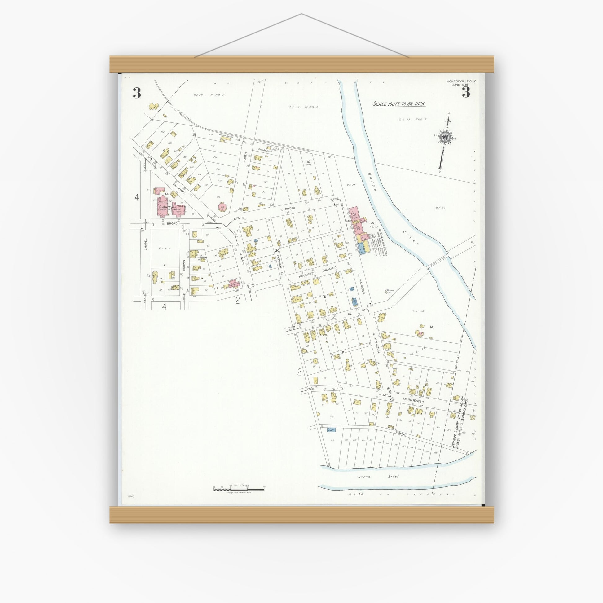 Old map wall art mockup — magnetic wood frame on white wall — Sanborn Fire Insurance Map from Monroeville, Huron County, Ohio (1939), Sheet #0003
