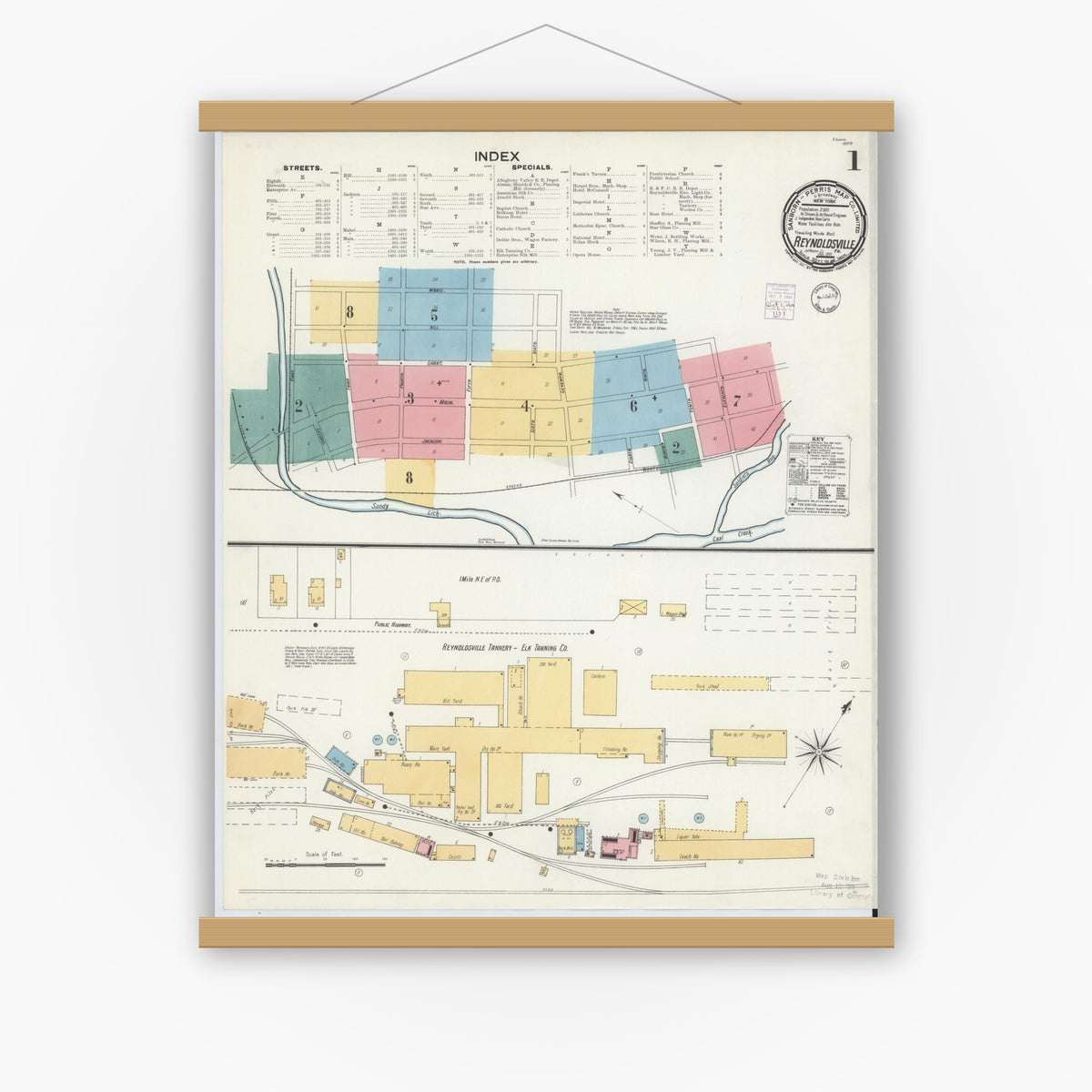 Old map wall art mockup — magnetic wood frame on white wall — Sanborn Fire Insurance Map from Reynoldsville, Jefferson County, Pennsylvania (1901) - Complete Map Set