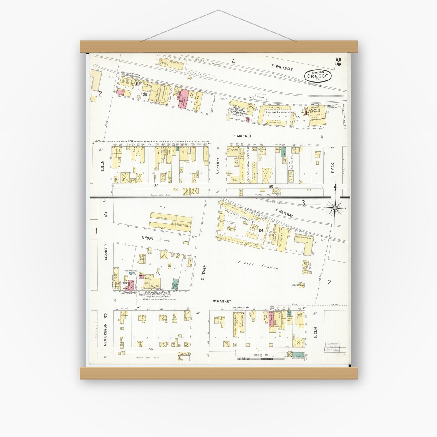 Old map wall art mockup — magnetic wood frame on white wall — Sanborn Fire Insurance Map from Cresco, Howard County, Iowa (1902), Sheet #0002