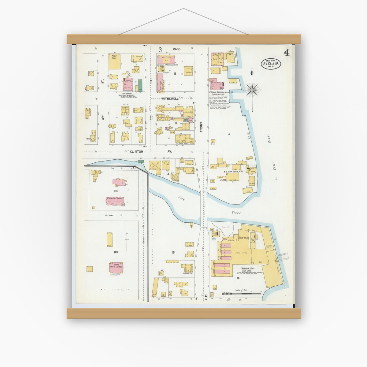 Old map wall art mockup — magnetic wood frame on white wall — Sanborn Fire Insurance Map from Saint Clair, Saint Clair County, Michigan (1900), Sheet #0004
