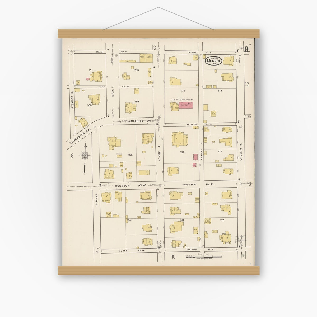 Old map wall art mockup — magnetic wood frame on white wall — Sanborn Fire Insurance Map from Monroe, Union County, North Carolina (1922), Sheet #0009