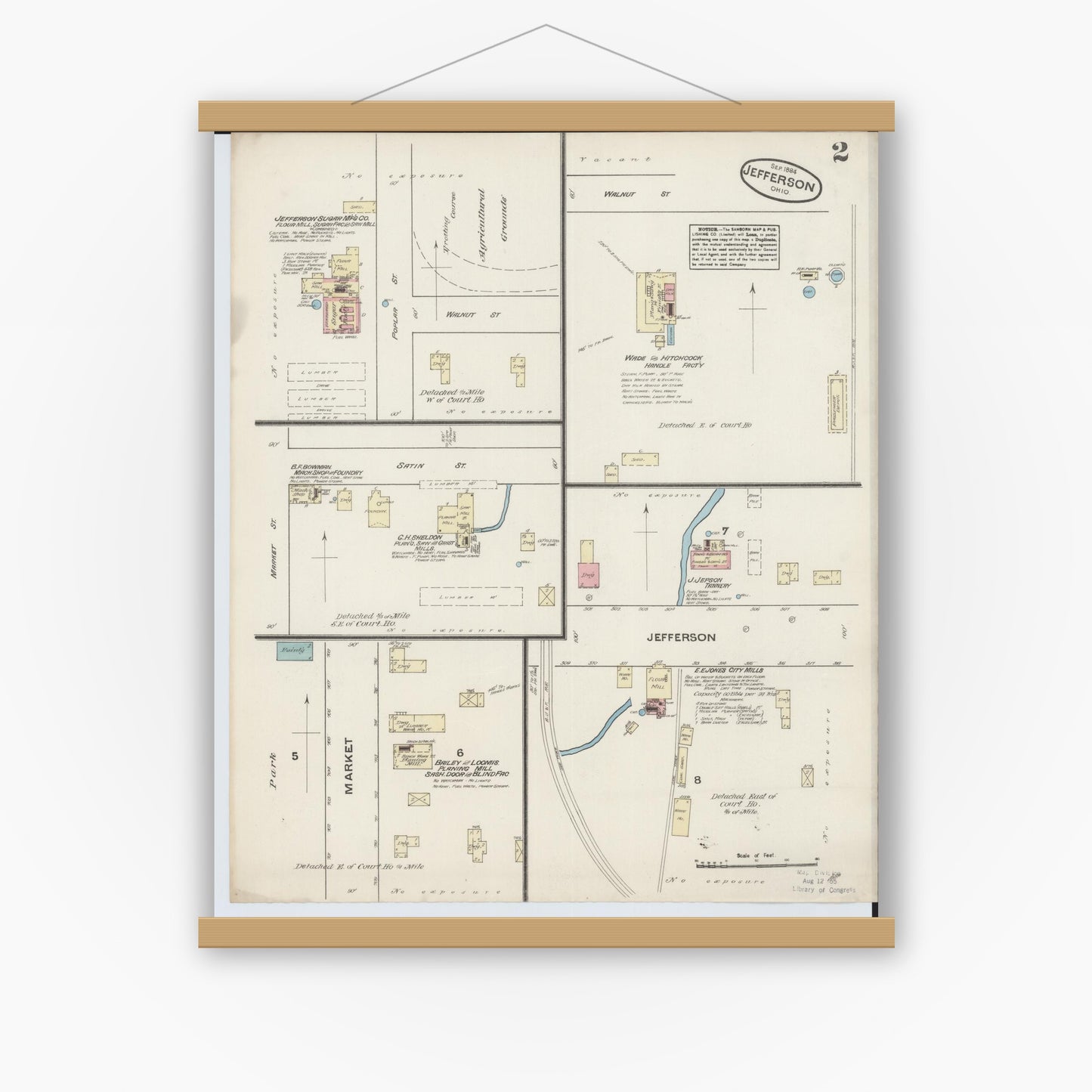 Old map wall art mockup — magnetic wood frame on white wall — Sanborn Fire Insurance Map from Jefferson, Ashtabula County, Ohio (1884), Sheet #0002