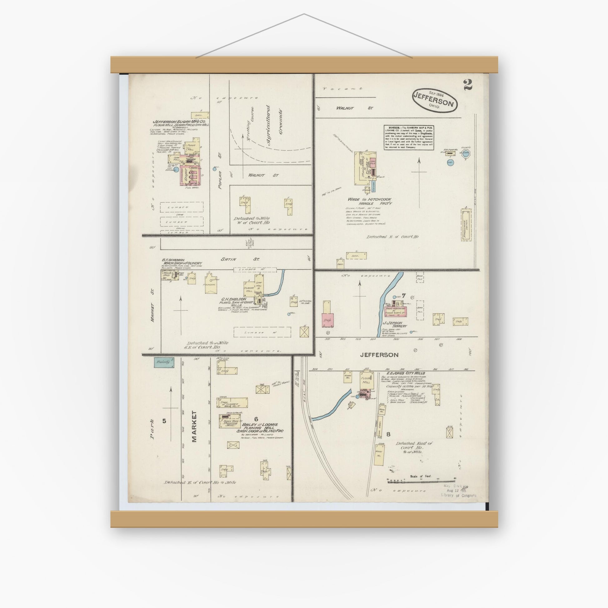 Old map wall art mockup — magnetic wood frame on white wall — Sanborn Fire Insurance Map from Jefferson, Ashtabula County, Ohio (1884), Sheet #0002