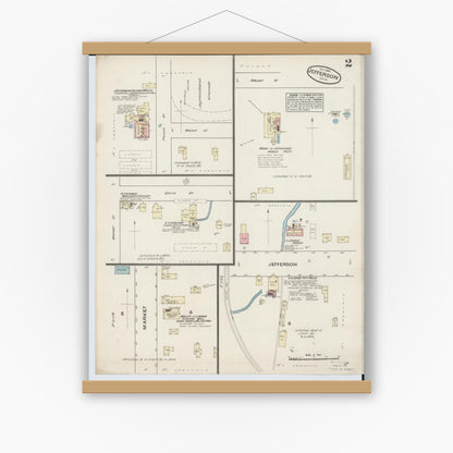 Old map wall art mockup — magnetic wood frame on white wall — Sanborn Fire Insurance Map from Jefferson, Ashtabula County, Ohio (1884), Sheet #0002