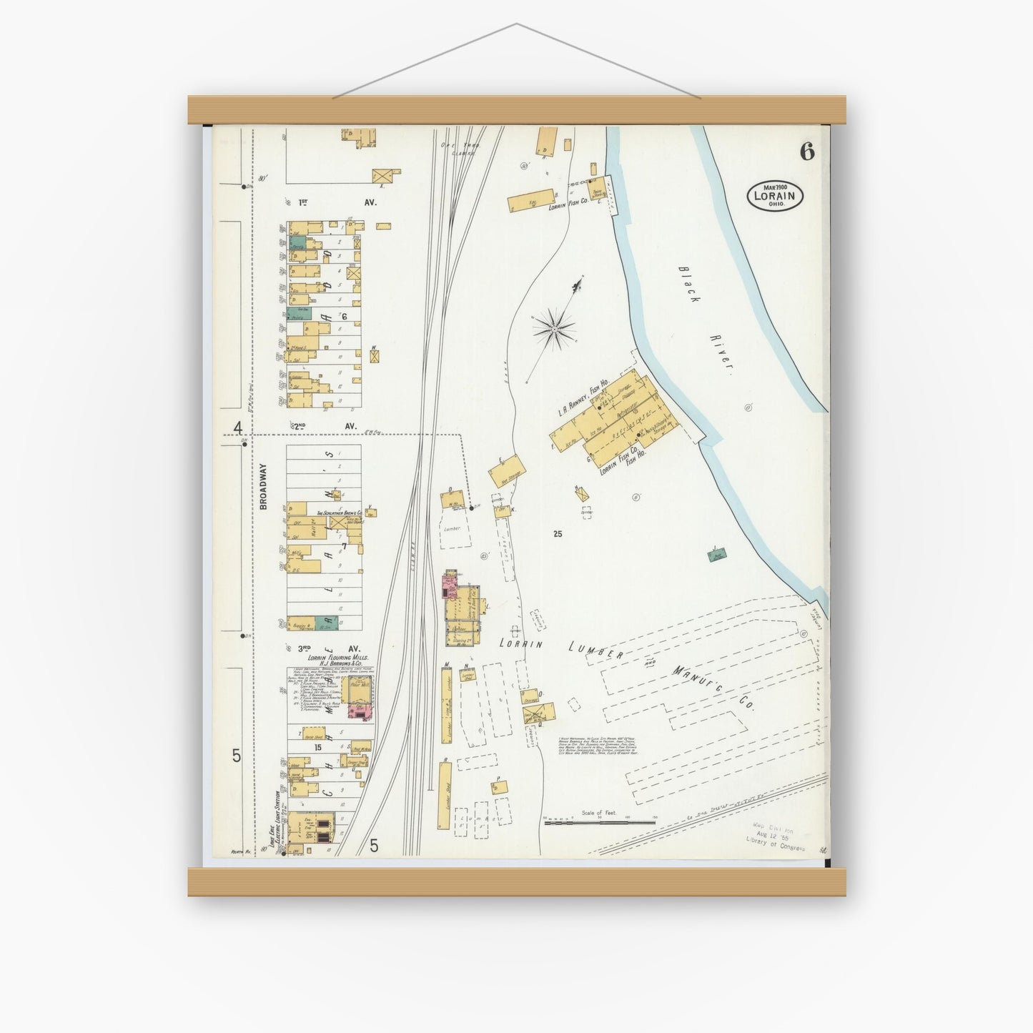 Old map wall art mockup — magnetic wood frame on white wall — Sanborn Fire Insurance Map from Lorain, Lorain County, Ohio (1900), Sheet #0006