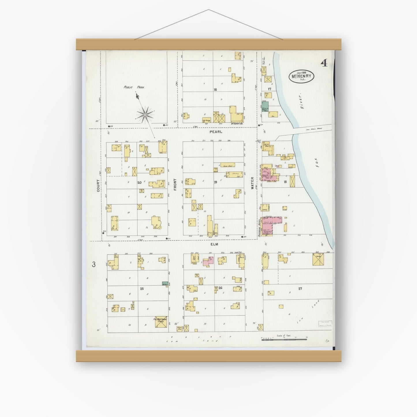 Old map wall art mockup — magnetic wood frame on white wall — Sanborn Fire Insurance Map from McHenry, McHenry County, Illinois (1898), Sheet #0004
