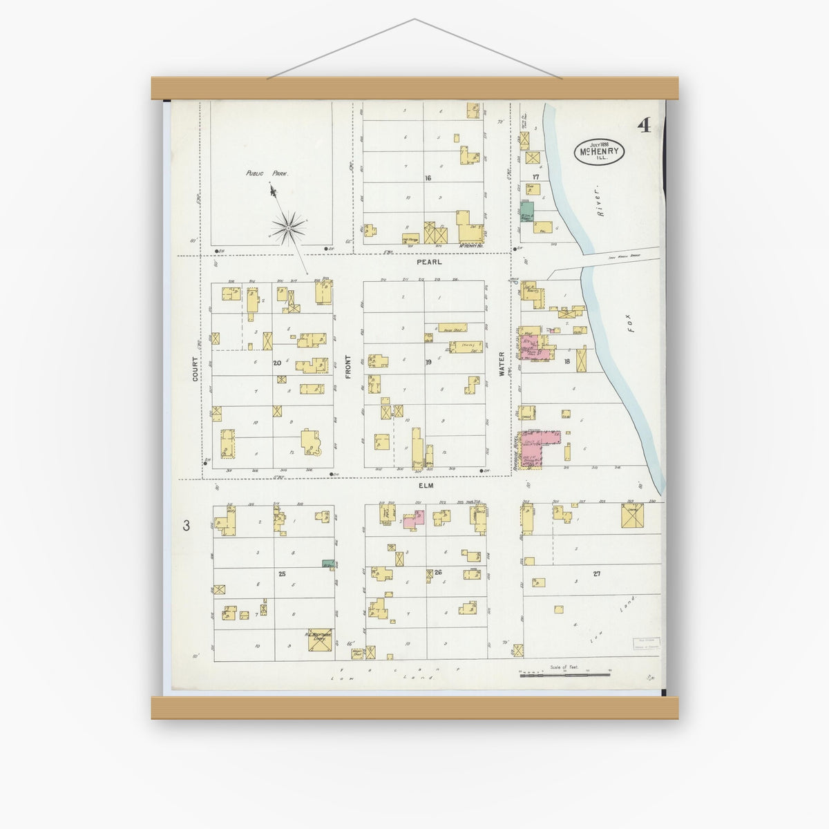 Old map wall art mockup — magnetic wood frame on white wall — Sanborn Fire Insurance Map from McHenry, McHenry County, Illinois (1898), Sheet #0004