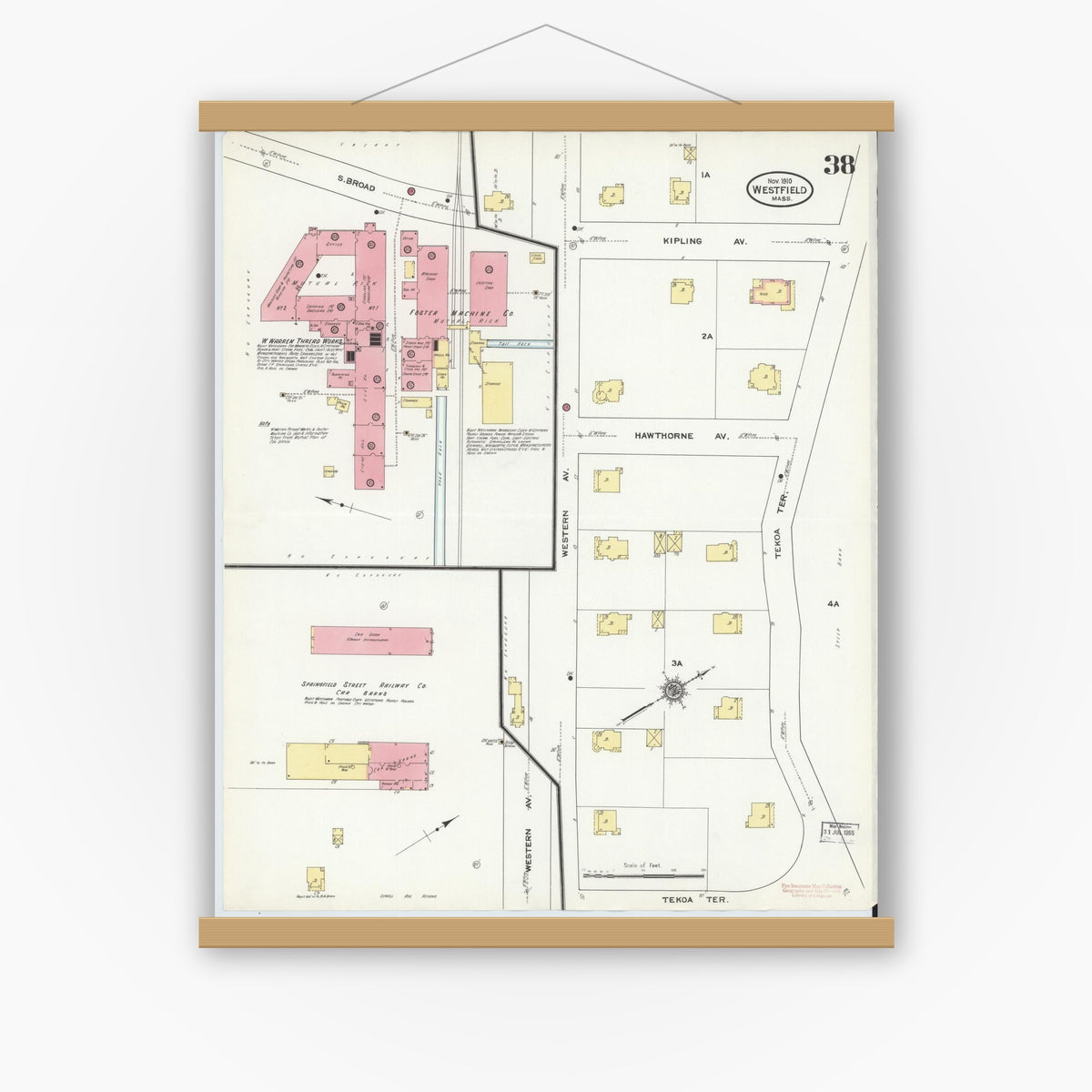 Old map wall art mockup — magnetic wood frame on white wall — Sanborn Fire Insurance Map from Westfield, Hampden County, Massachusetts (1910), Sheet #0038