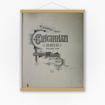 Old map wall art mockup — magnetic wood frame on white wall — Sanborn Fire Insurance Map from Cincinnati, Hamilton County, Ohio (1934), Sheet #0001
