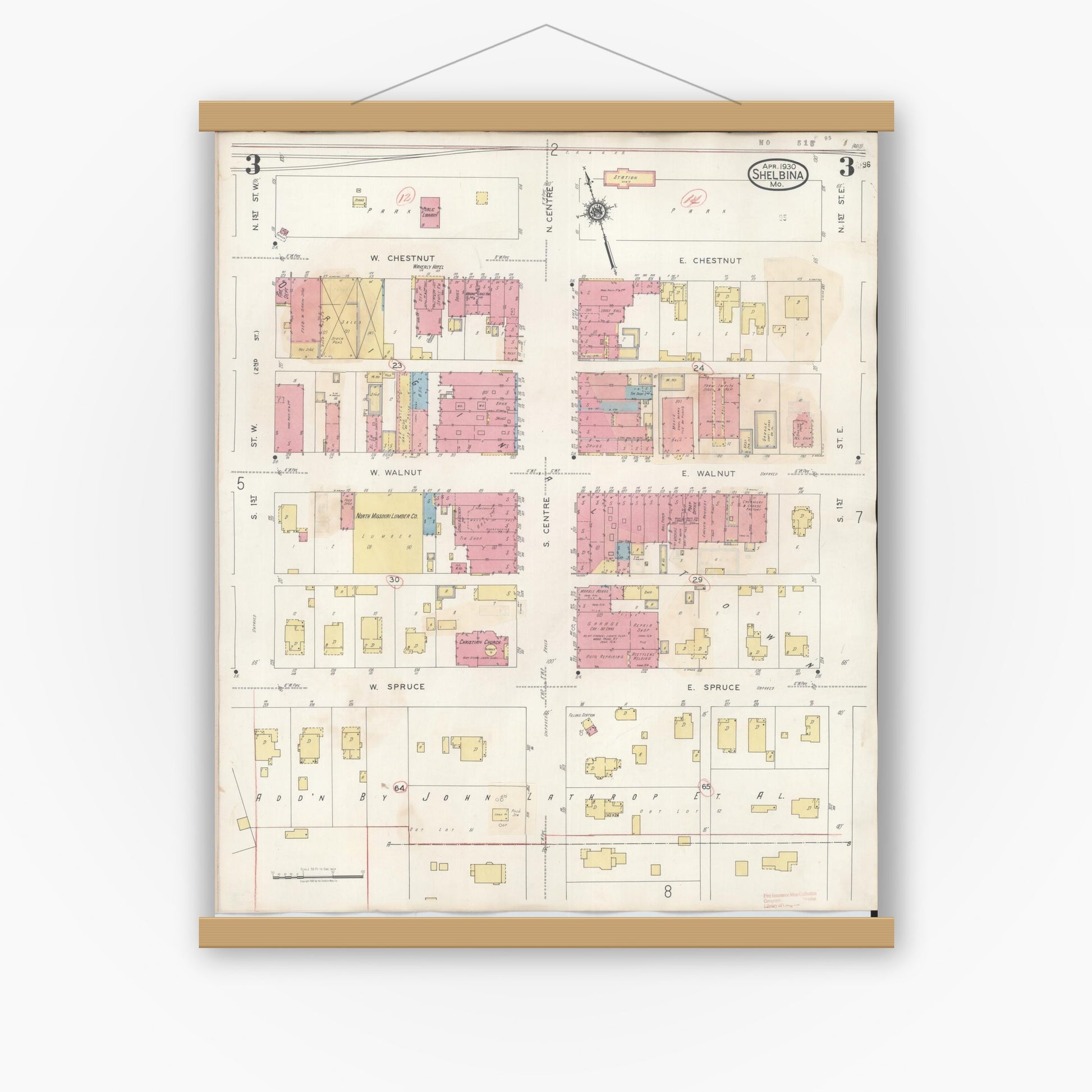Old map wall art mockup — magnetic wood frame on white wall — Sanborn Fire Insurance Map from Shelbina, Shelby County, Missouri (1943), Sheet #0003