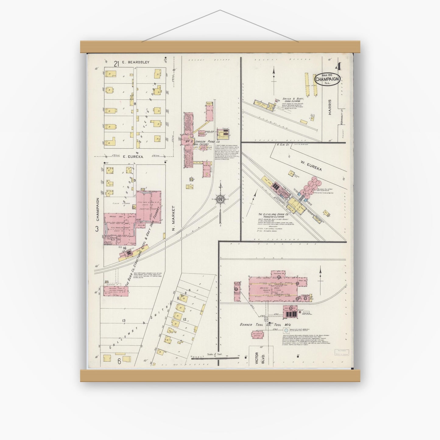 Old map wall art mockup — magnetic wood frame on white wall — Sanborn Fire Insurance Map from Champaign, Champaign County, Illinois (1915), Sheet #0004