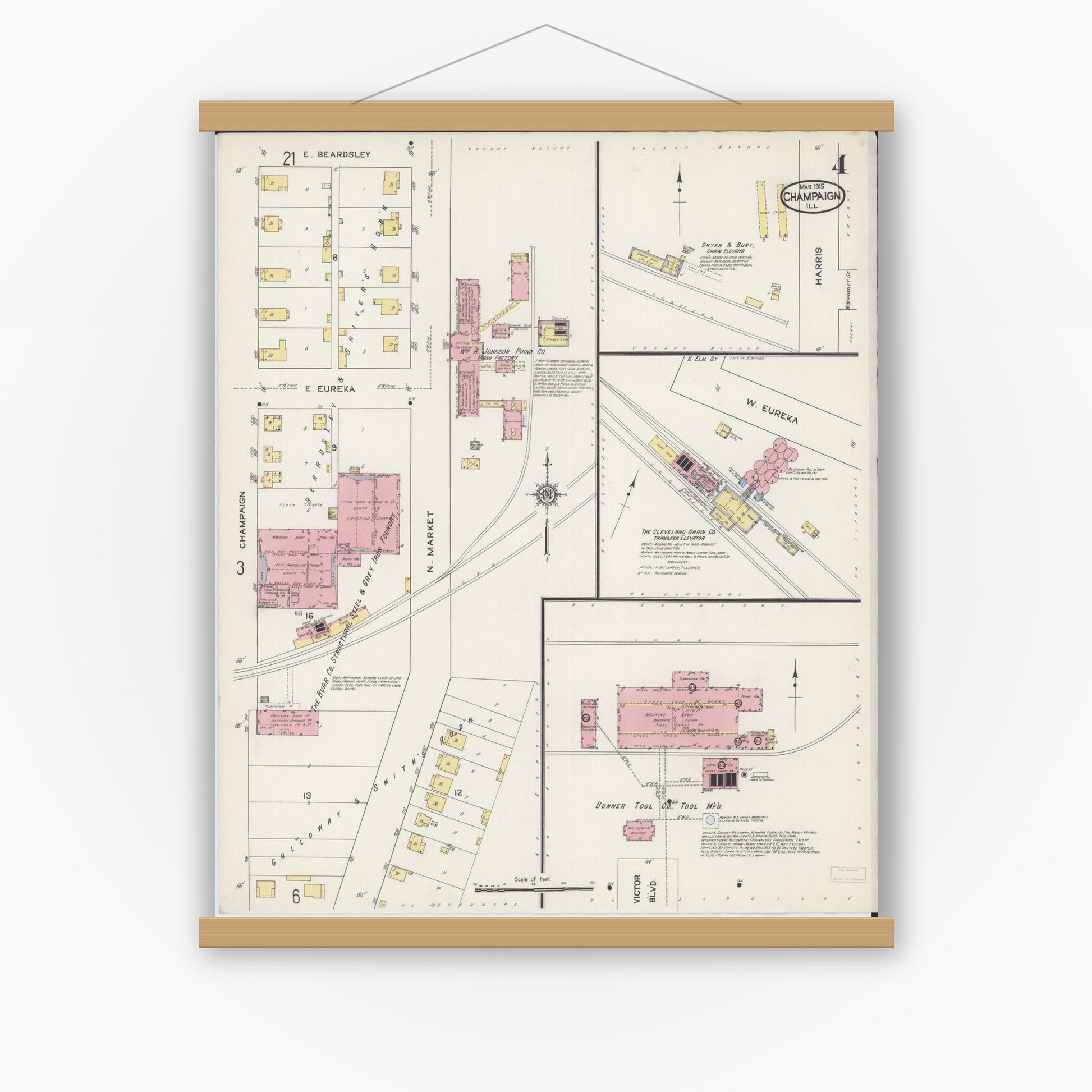 Old map wall art mockup — magnetic wood frame on white wall — Sanborn Fire Insurance Map from Champaign, Champaign County, Illinois (1915), Sheet #0004