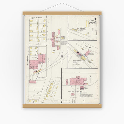 Old map wall art mockup — magnetic wood frame on white wall — Sanborn Fire Insurance Map from Champaign, Champaign County, Illinois (1915), Sheet #0004