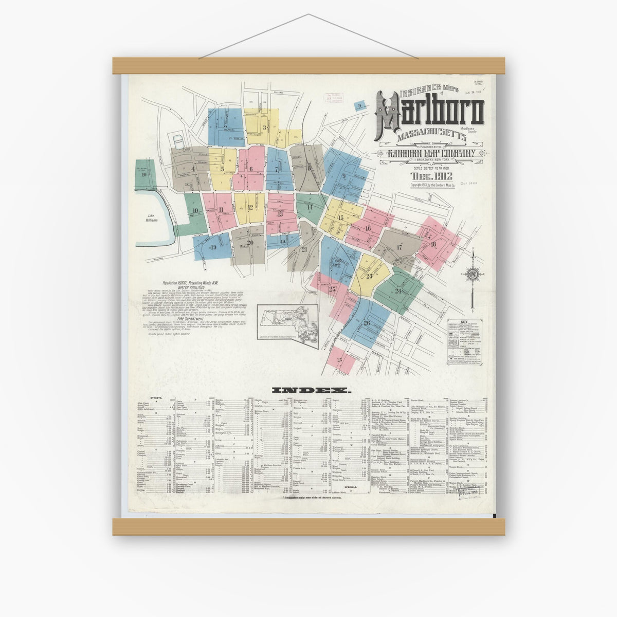 Old map wall art mockup — magnetic wood frame on white wall — Sanborn Fire Insurance Map from Marlborough, Middlesex County, Massachusetts (1912) - Complete Map Set