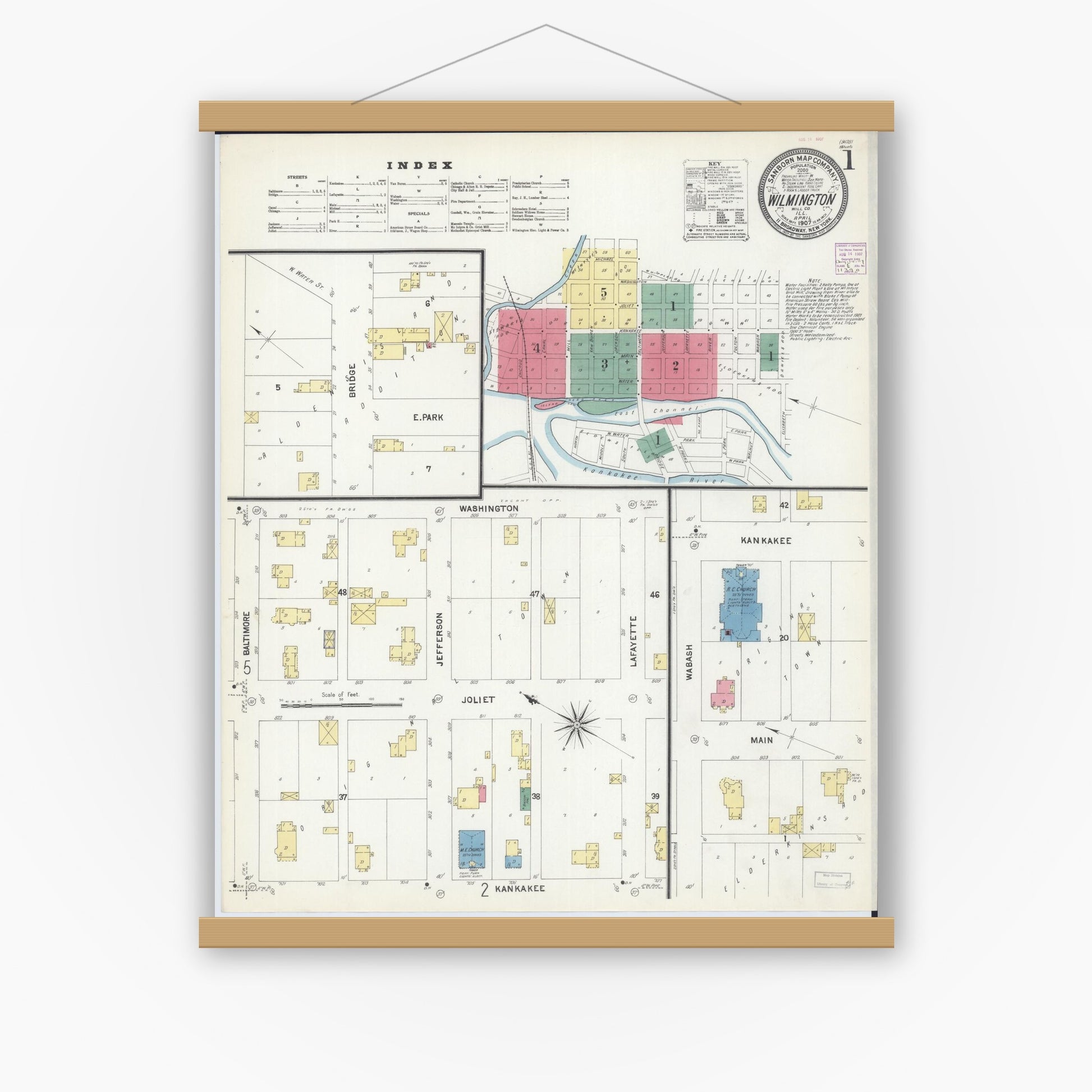 Old map wall art mockup — magnetic wood frame on white wall — Sanborn Fire Insurance Map from Wilmington, Will County, Illinois (1907), Sheet #0001