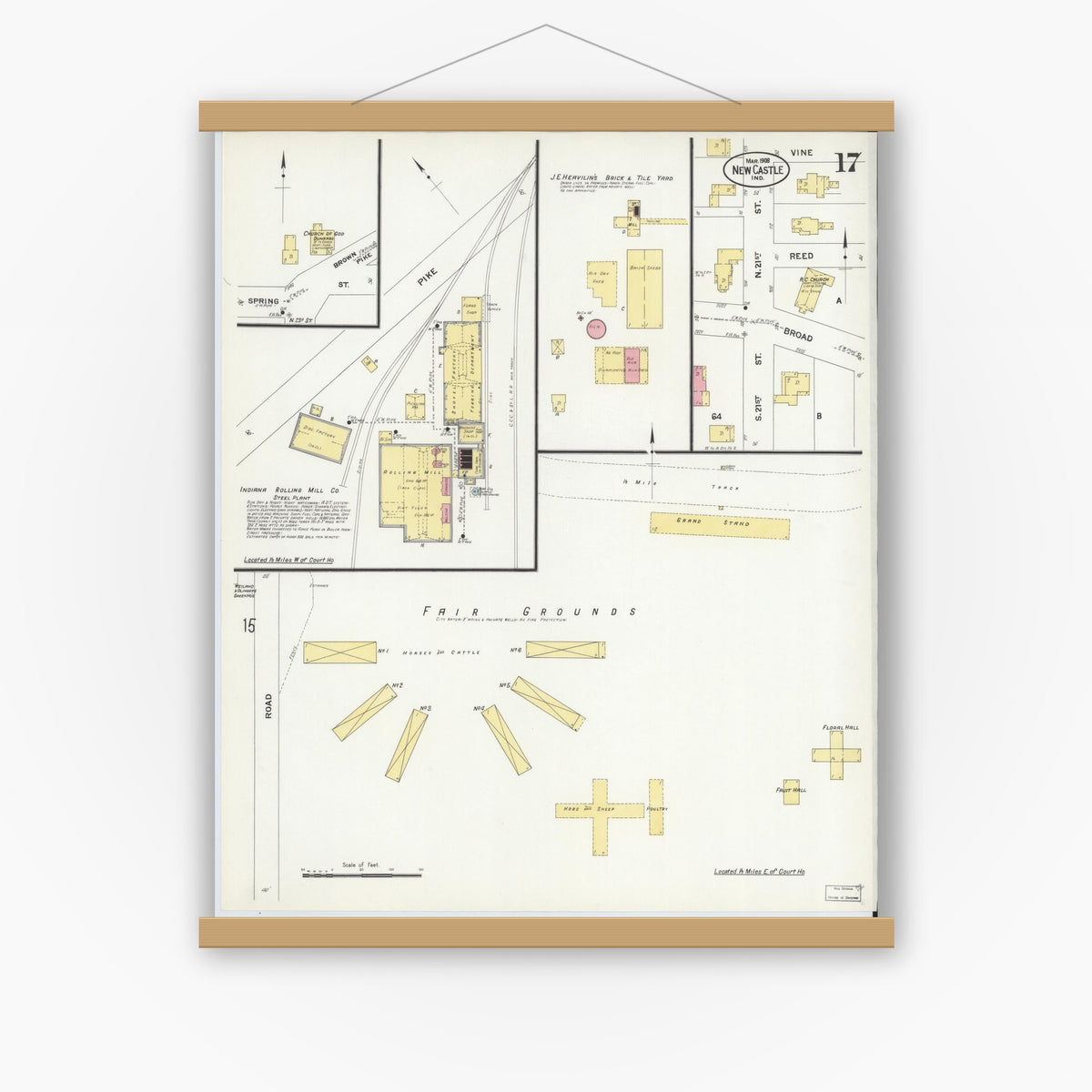 Old map wall art mockup — magnetic wood frame on white wall — Sanborn Fire Insurance Map from New Castle, Henry County, Indiana (1908), Sheet #0017
