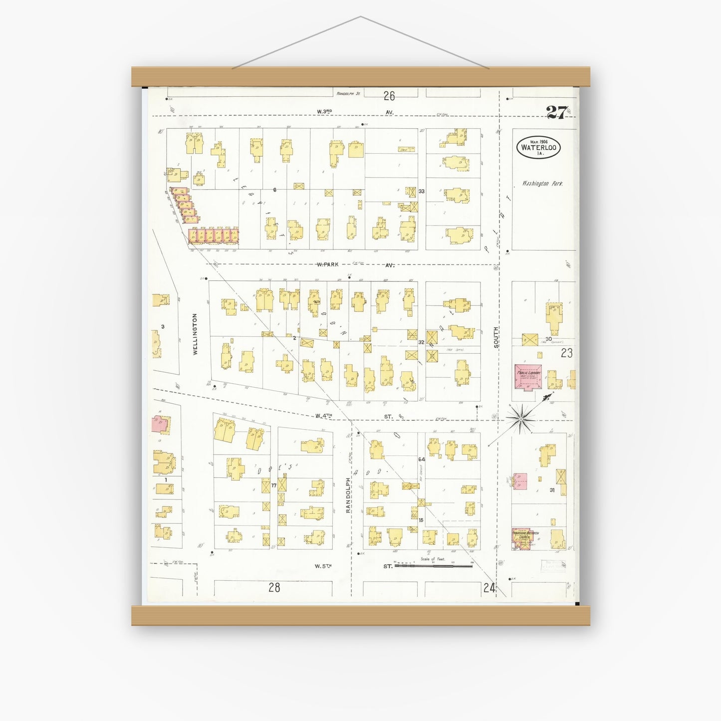 Old map wall art mockup — magnetic wood frame on white wall — Sanborn Fire Insurance Map from Waterloo, Black Hawk County, Iowa (1906), Sheet #0027
