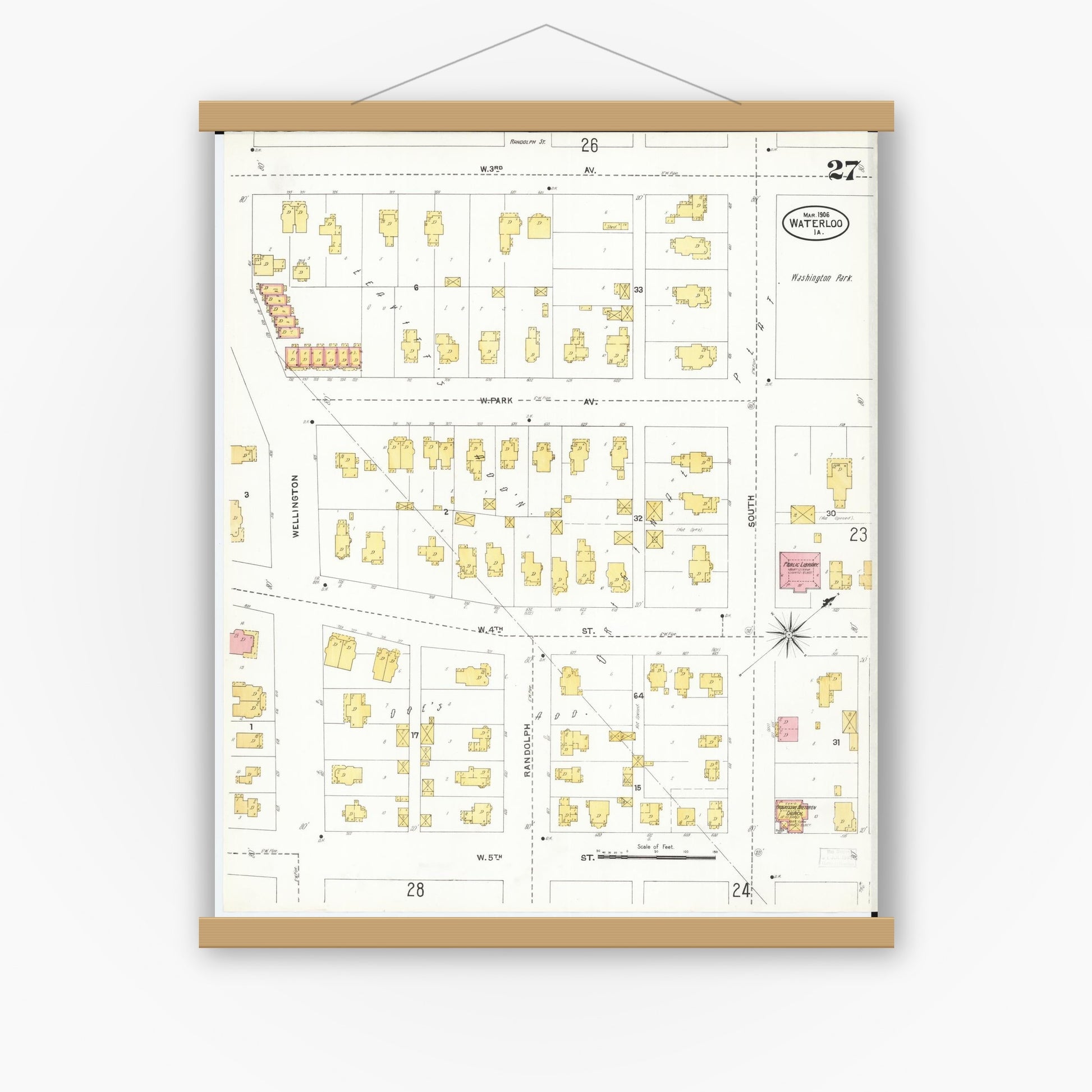 Old map wall art mockup — magnetic wood frame on white wall — Sanborn Fire Insurance Map from Waterloo, Black Hawk County, Iowa (1906), Sheet #0027