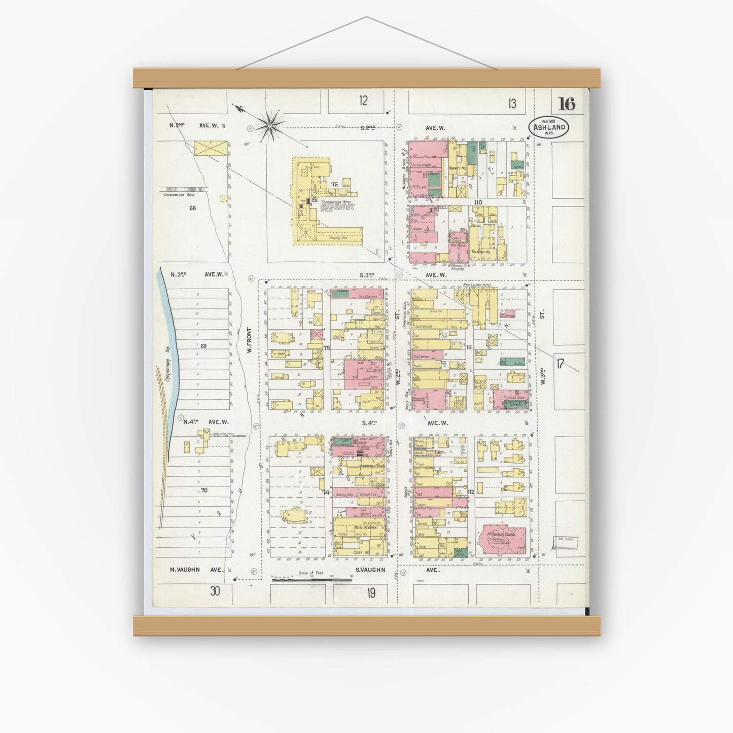 Old map wall art mockup — magnetic wood frame on white wall — Sanborn Fire Insurance Map from Ashland, Ashland County, Wisconsin (1901), Sheet #0016