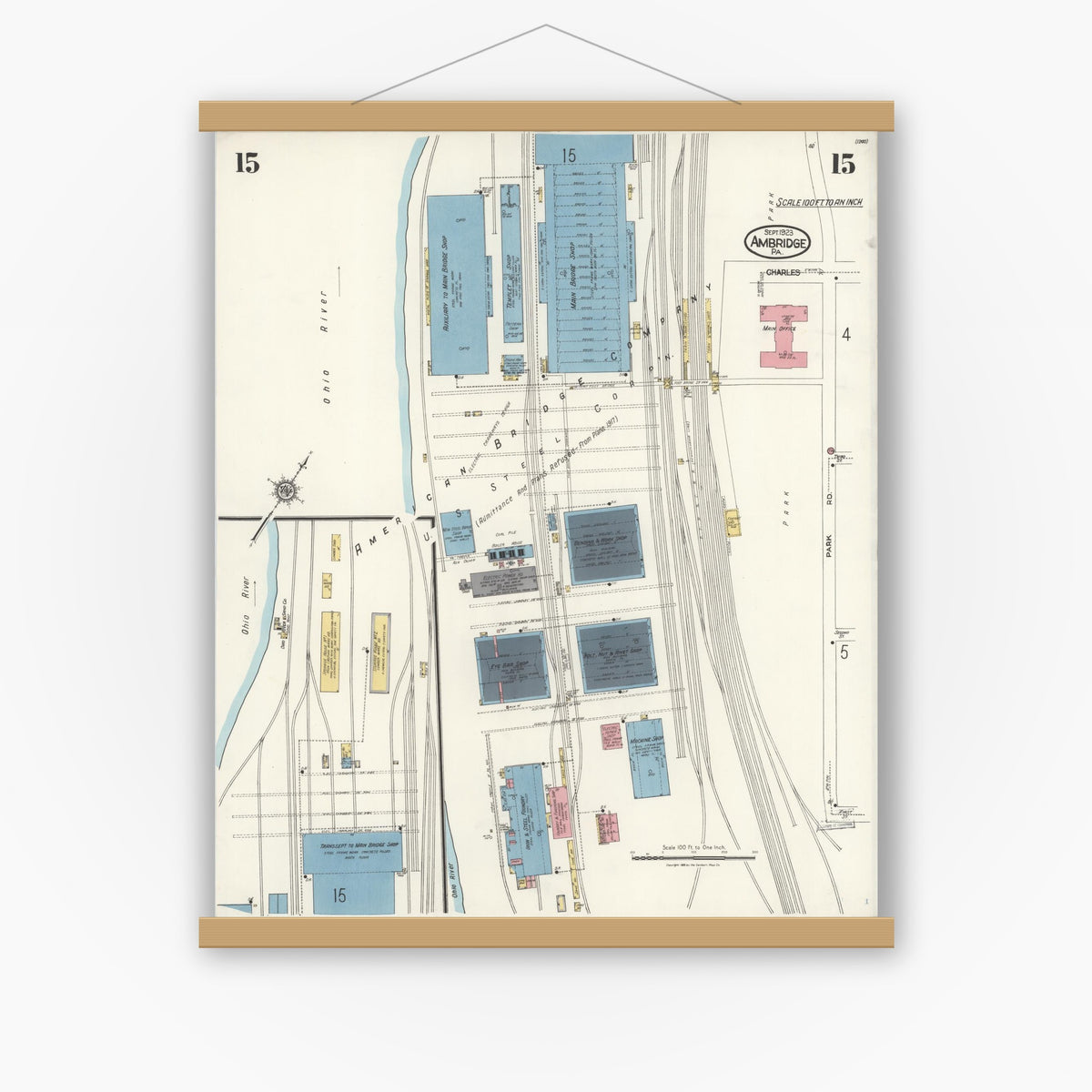 Old map wall art mockup — magnetic wood frame on white wall — Sanborn Fire Insurance Map from Ambridge, Beaver County, Pennsylvania (1923), Sheet #0015