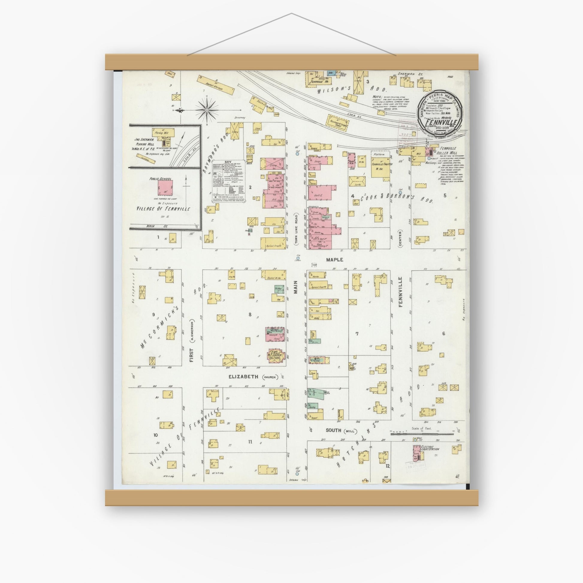 Old map wall art mockup — magnetic wood frame on white wall — Sanborn Fire Insurance Map from Fennville, Allegan County, Michigan (1899), Sheet #0001