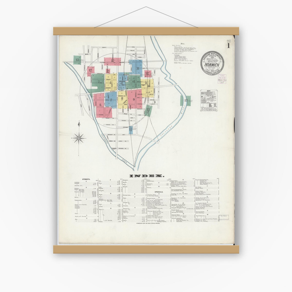 Old map wall art mockup — magnetic wood frame on white wall — Sanborn Fire Insurance Map from Norwich, Chenango County, New York (1903) - Complete Map Set