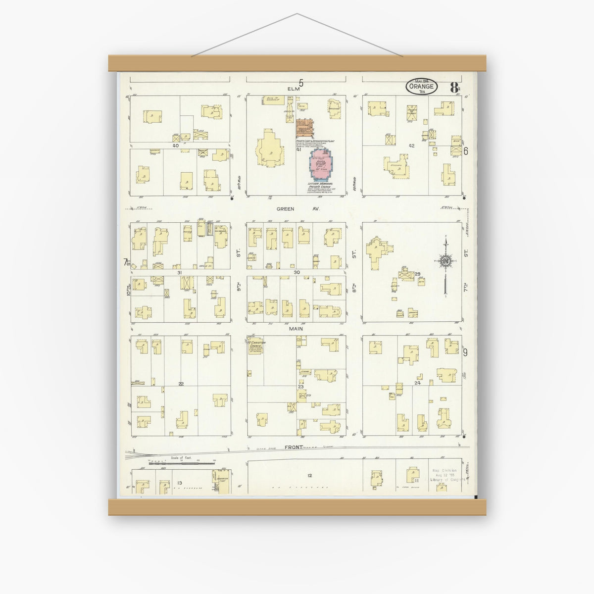 Old map wall art mockup — magnetic wood frame on white wall — Sanborn Fire Insurance Map from Orange, Orange County, Texas (1914), Sheet #0008