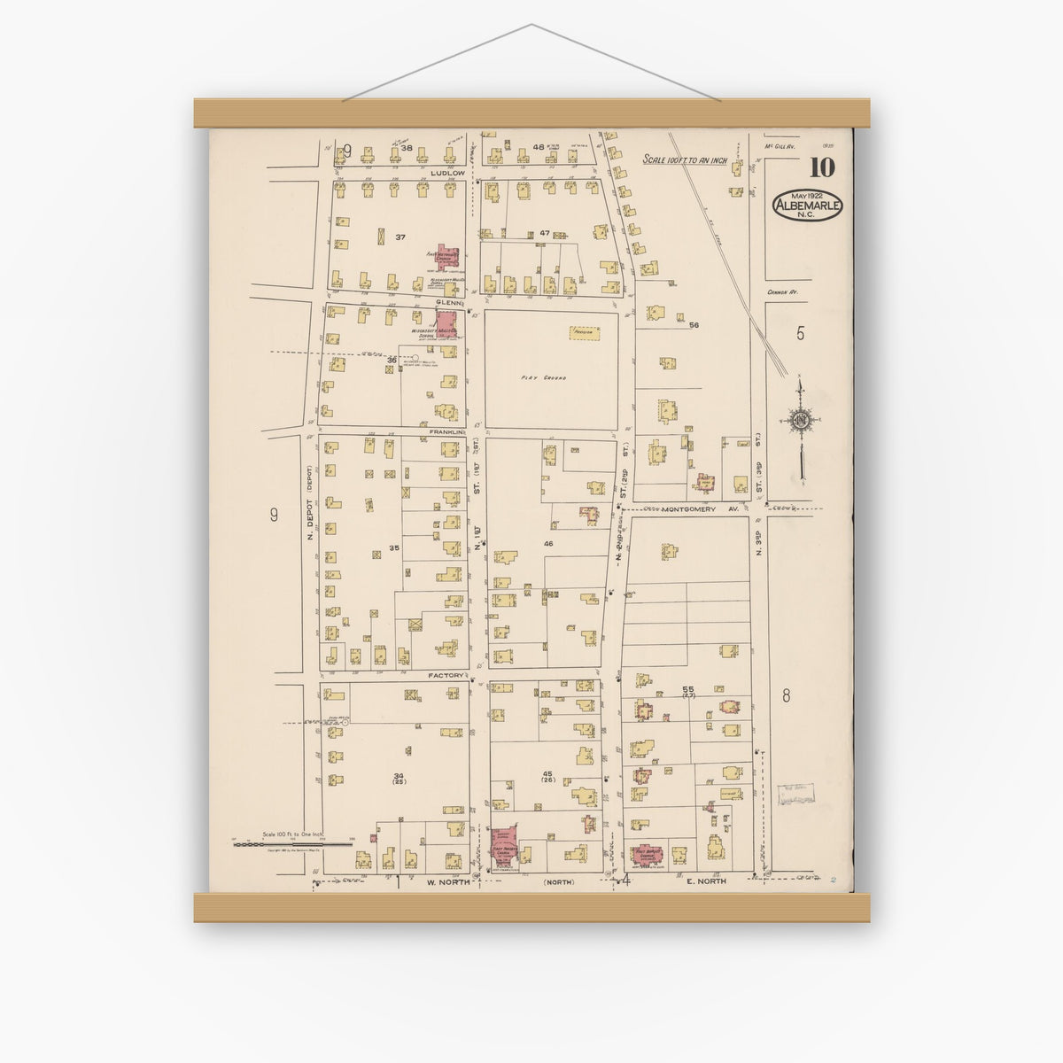 Old map wall art mockup — magnetic wood frame on white wall — Sanborn Fire Insurance Map from Albemarle, Stanley County, North Carolina (1922), Sheet #0010