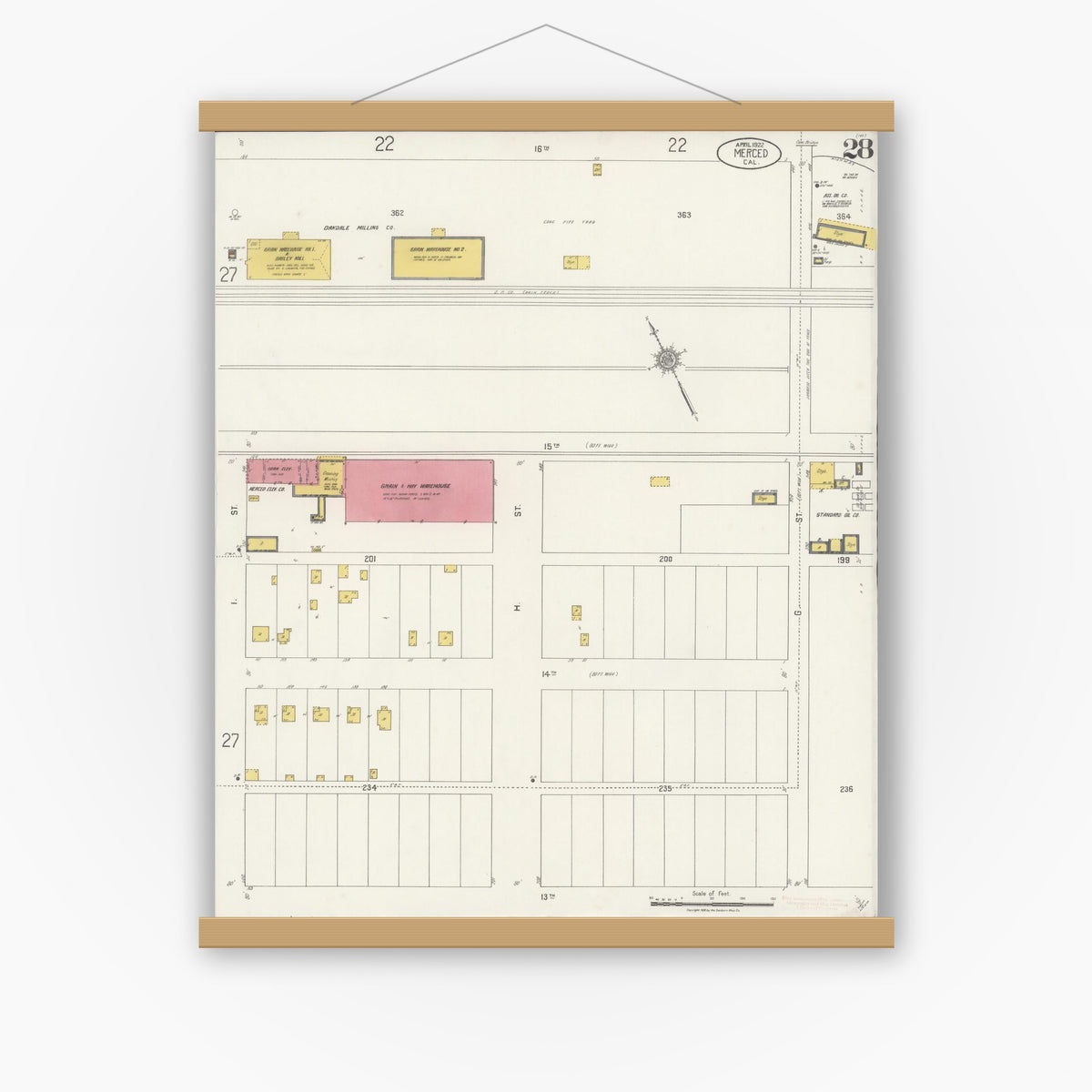 Old map wall art mockup — magnetic wood frame on white wall — Sanborn Fire Insurance Map from Merced, Merced County, California (1922), Sheet #0028