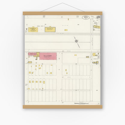 Old map wall art mockup — magnetic wood frame on white wall — Sanborn Fire Insurance Map from Merced, Merced County, California (1922), Sheet #0028