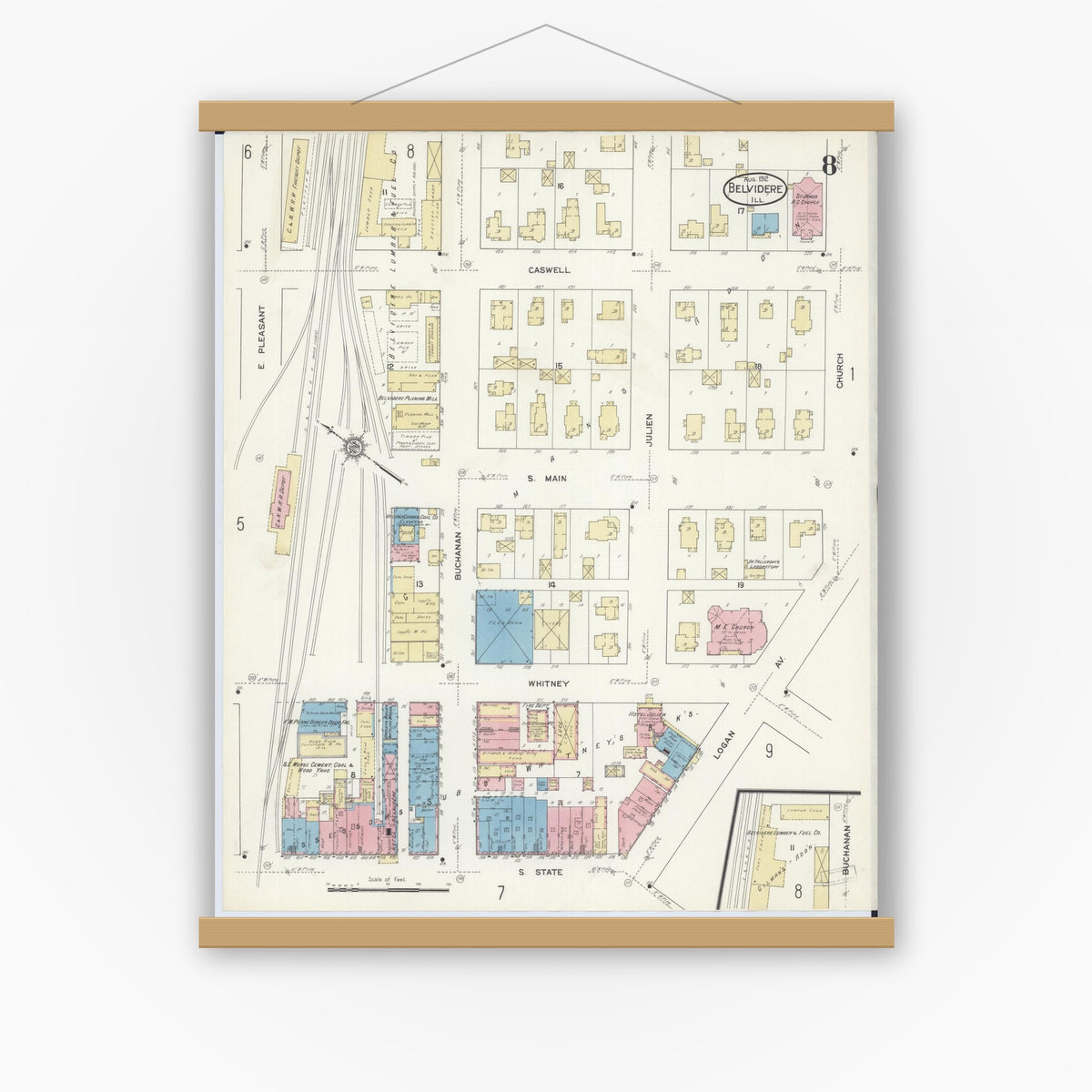 Old map wall art mockup — magnetic wood frame on white wall — Sanborn Fire Insurance Map from Belvidere, Boone County, Illinois (1912), Sheet #0008