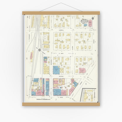 Old map wall art mockup — magnetic wood frame on white wall — Sanborn Fire Insurance Map from Belvidere, Boone County, Illinois (1912), Sheet #0008