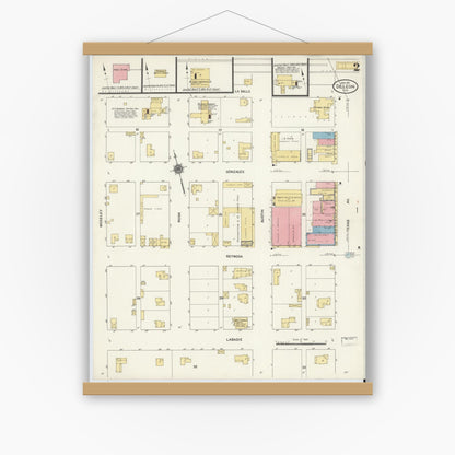 Old map wall art mockup — magnetic wood frame on white wall — Sanborn Fire Insurance Map from De Leon, Comanche County, Texas (1911), Sheet #0002