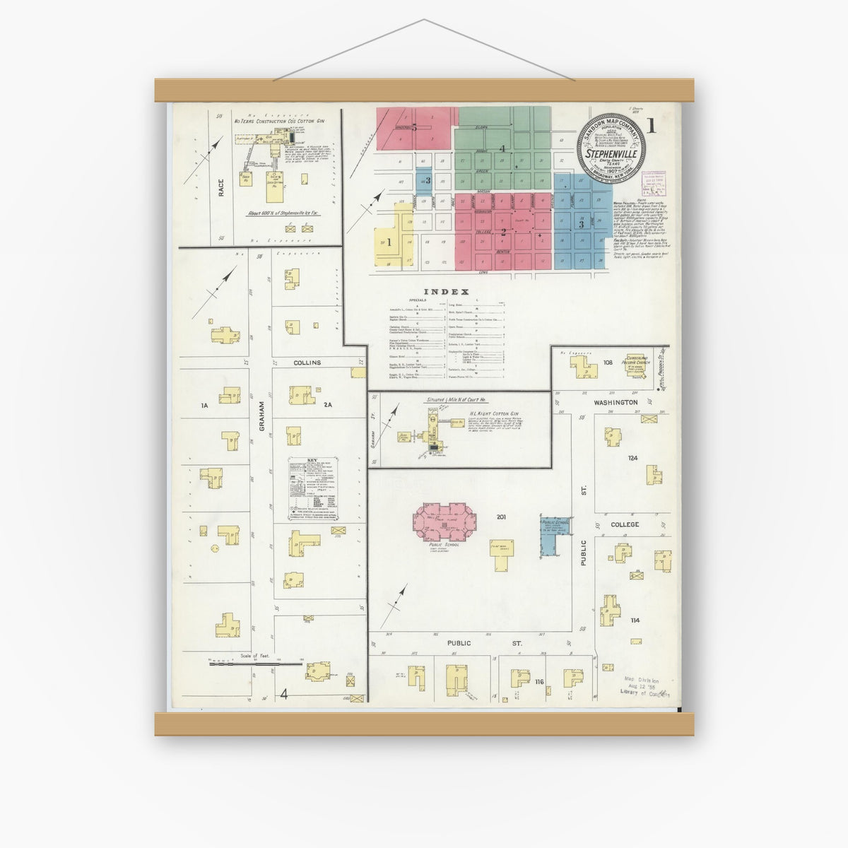Old map wall art mockup — magnetic wood frame on white wall — Sanborn Fire Insurance Map from Stephenville, Erath County, Texas (1907) - Complete Map Set