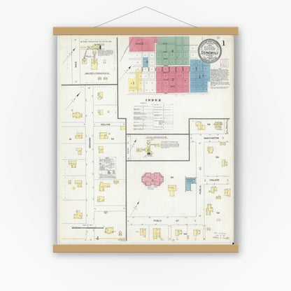 Old map wall art mockup — magnetic wood frame on white wall — Sanborn Fire Insurance Map from Stephenville, Erath County, Texas (1907) - Complete Map Set