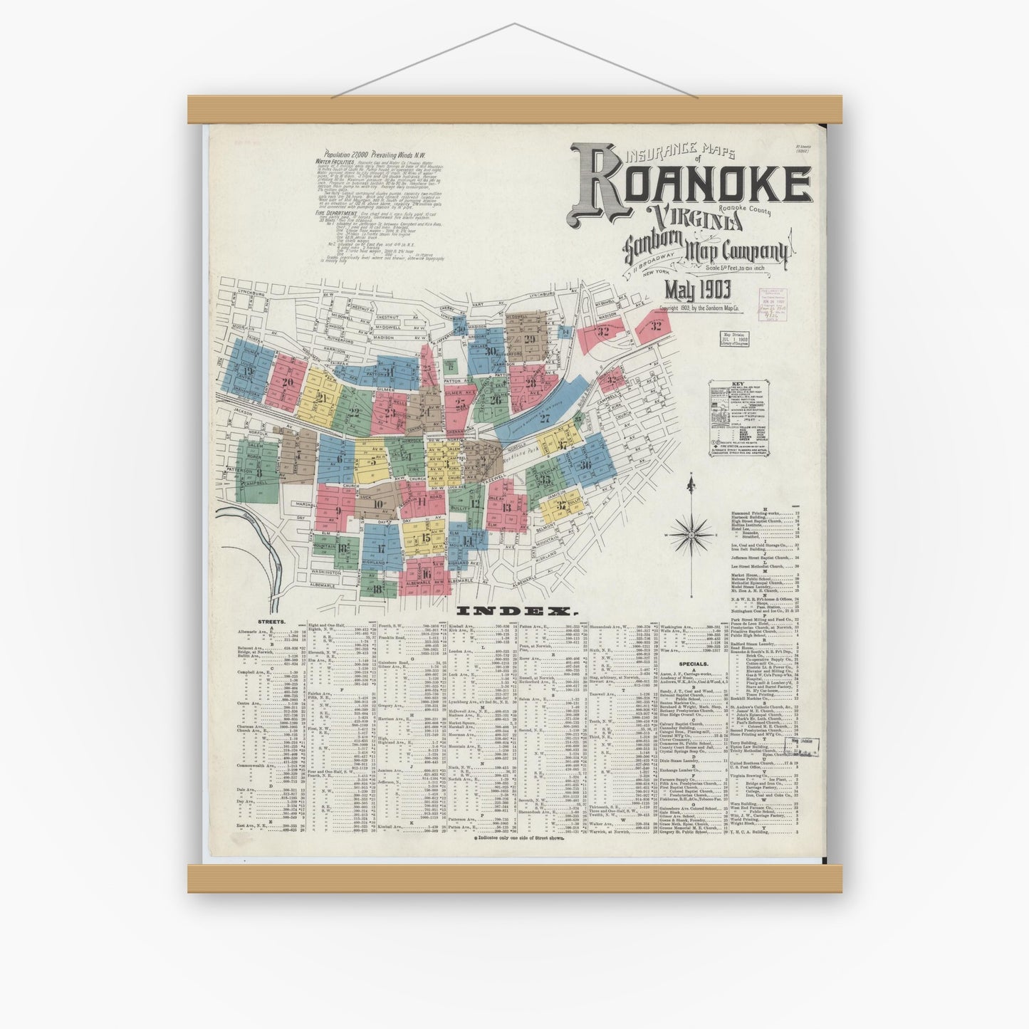 Old map wall art mockup — magnetic wood frame on white wall — Sanborn Fire Insurance Map from Roanoke, Independent Cities, Virginia (1903), Sheet #0001