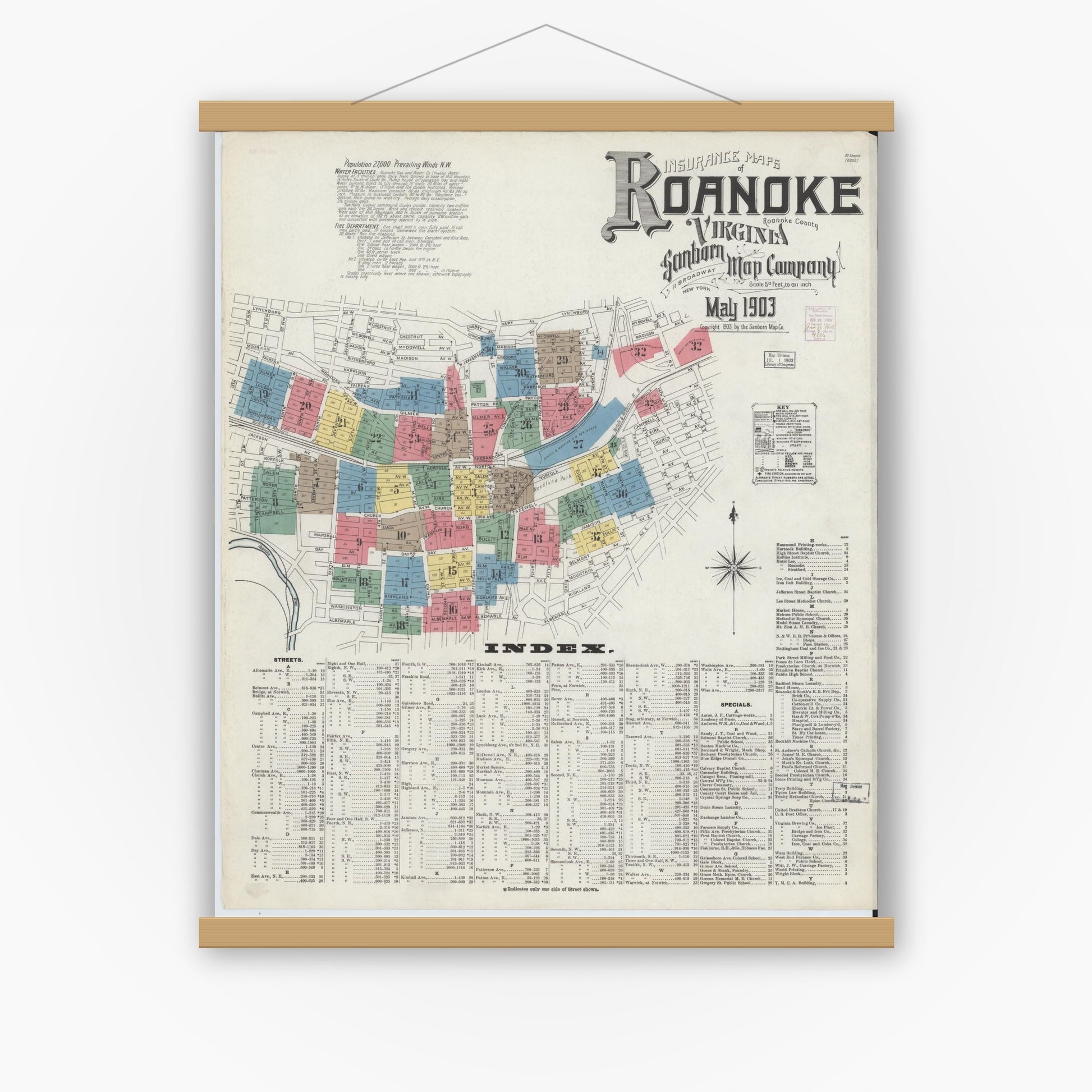 Old map wall art mockup — magnetic wood frame on white wall — Sanborn Fire Insurance Map from Roanoke, Independent Cities, Virginia (1903), Sheet #0001