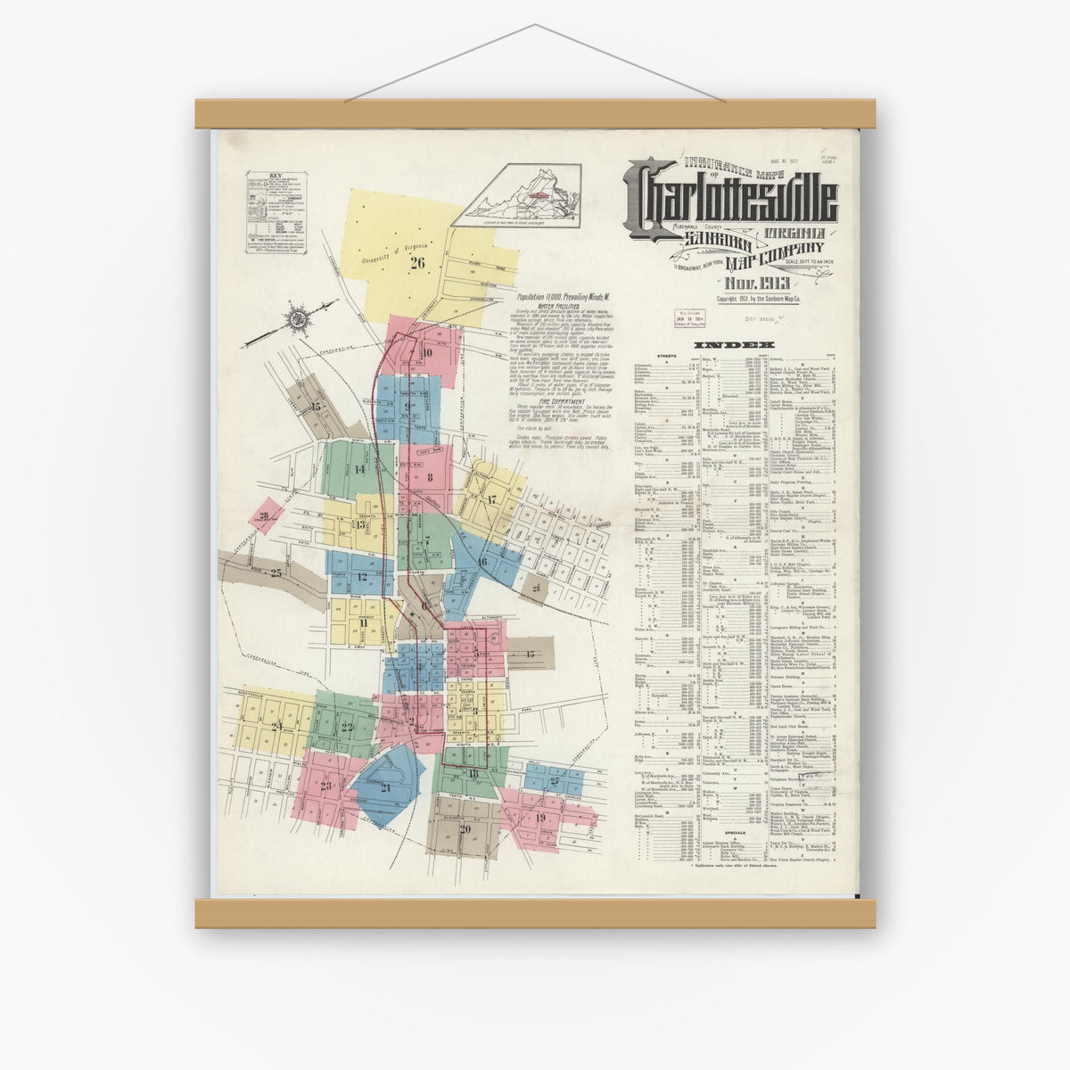 Old map wall art mockup — magnetic wood frame on white wall — Sanborn Fire Insurance Map from Charlottesville, Independent Cities, Virginia (1913), Sheet #0001
