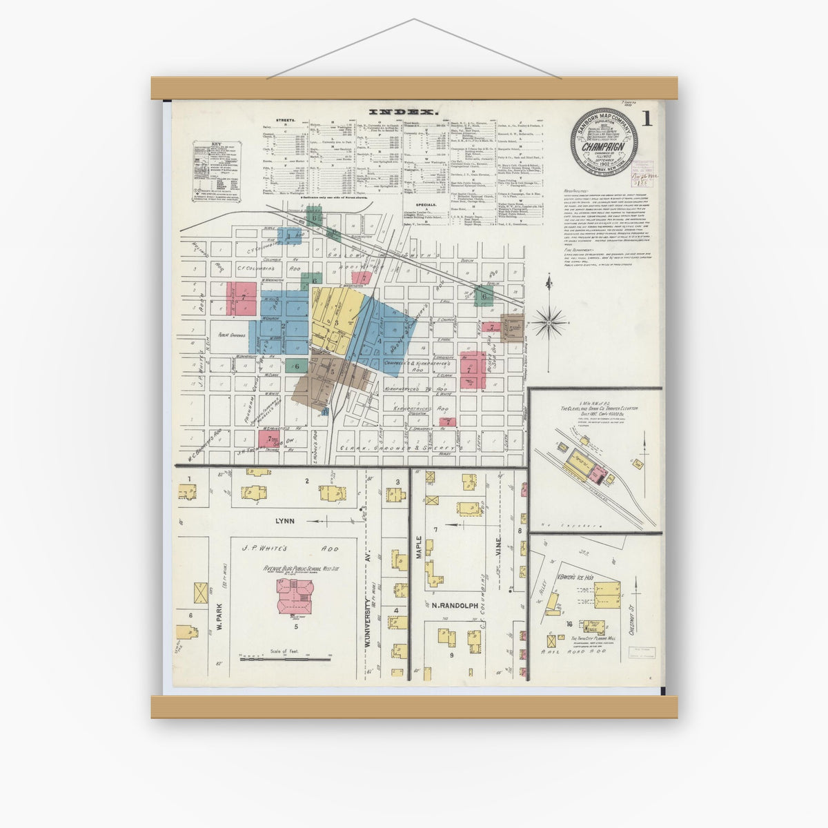 Old map wall art mockup — magnetic wood frame on white wall — Sanborn Fire Insurance Map from Champaign, Champaign County, Illinois (1902) - Complete Map Set