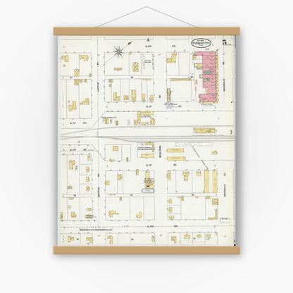 Old map wall art mockup — magnetic wood frame on white wall — Sanborn Fire Insurance Map from Hubbard, Hill County, Texas (1904), Sheet #0005