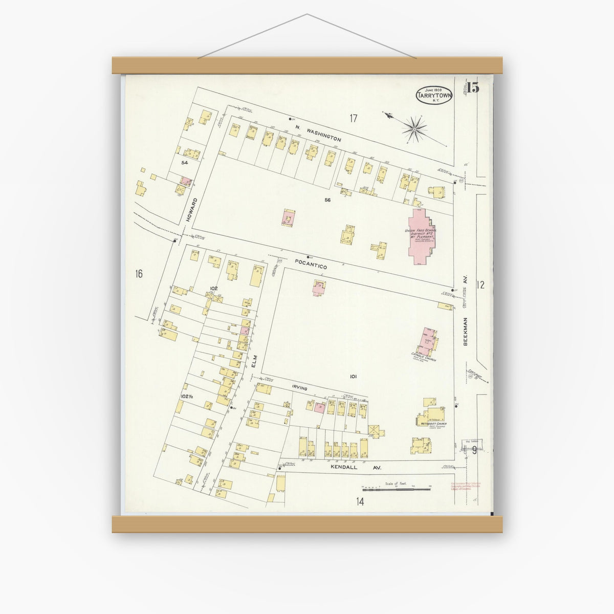 Old map wall art mockup — magnetic wood frame on white wall — Sanborn Fire Insurance Map from Tarrytown, Westchester County, New York (1909), Sheet #0015